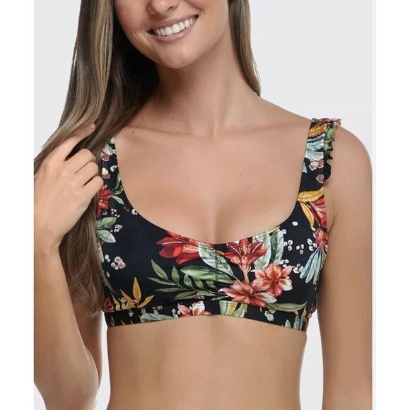 Body Glove Sweety Scoop Ruffle Strap Bikini Top M Black Floral Incognito Resort - Picture 5 of 10